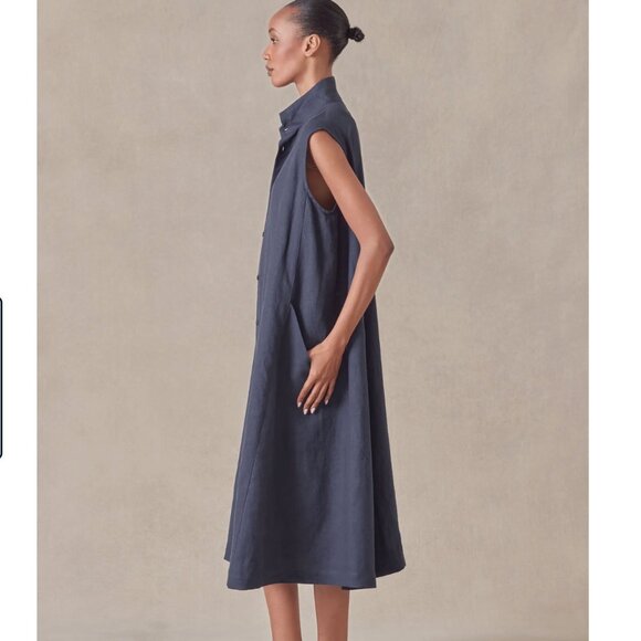 Eskandar Blue Linen Sleeveless Button Up Caucasus Shirt Dress with Pockets sz L - Picture 11 of 12